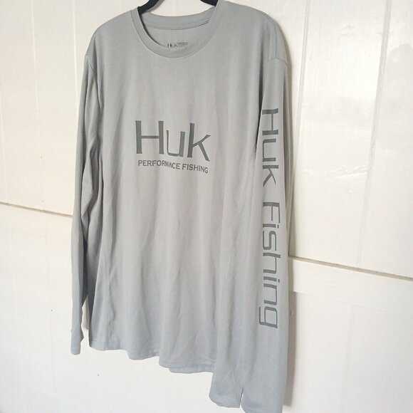 Huk Mens PURSUIT PERFORMANCE Crew Long Sleeve Fishing Logo Shirt XL Gray - Picture 4 of 10